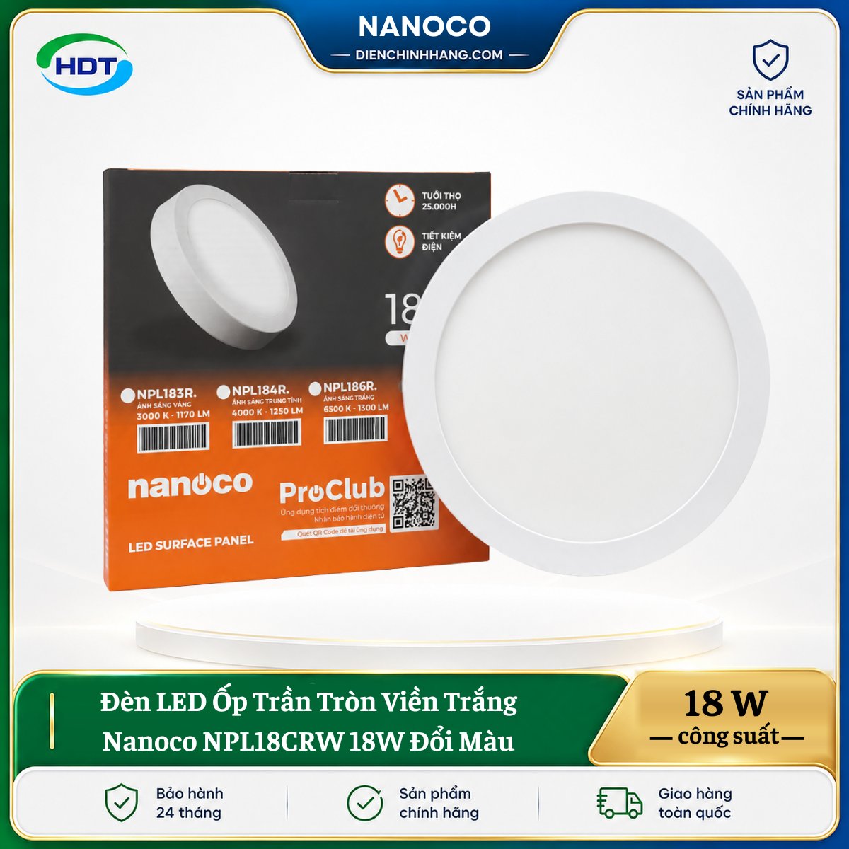 Đèn LED Ốp Trần Tròn ViềnTrắng Nanoco NPL18CRW 18W đổi màu