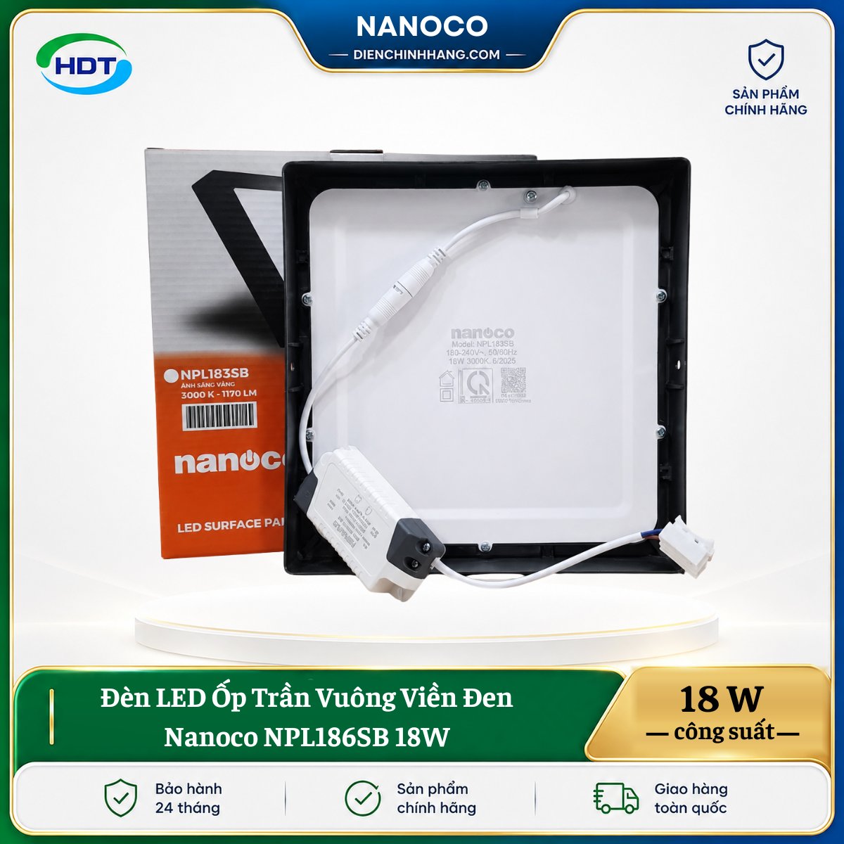 Đèn LED Ốp Trần Vuông Viền Đen Nanoco NPL186SB 18W