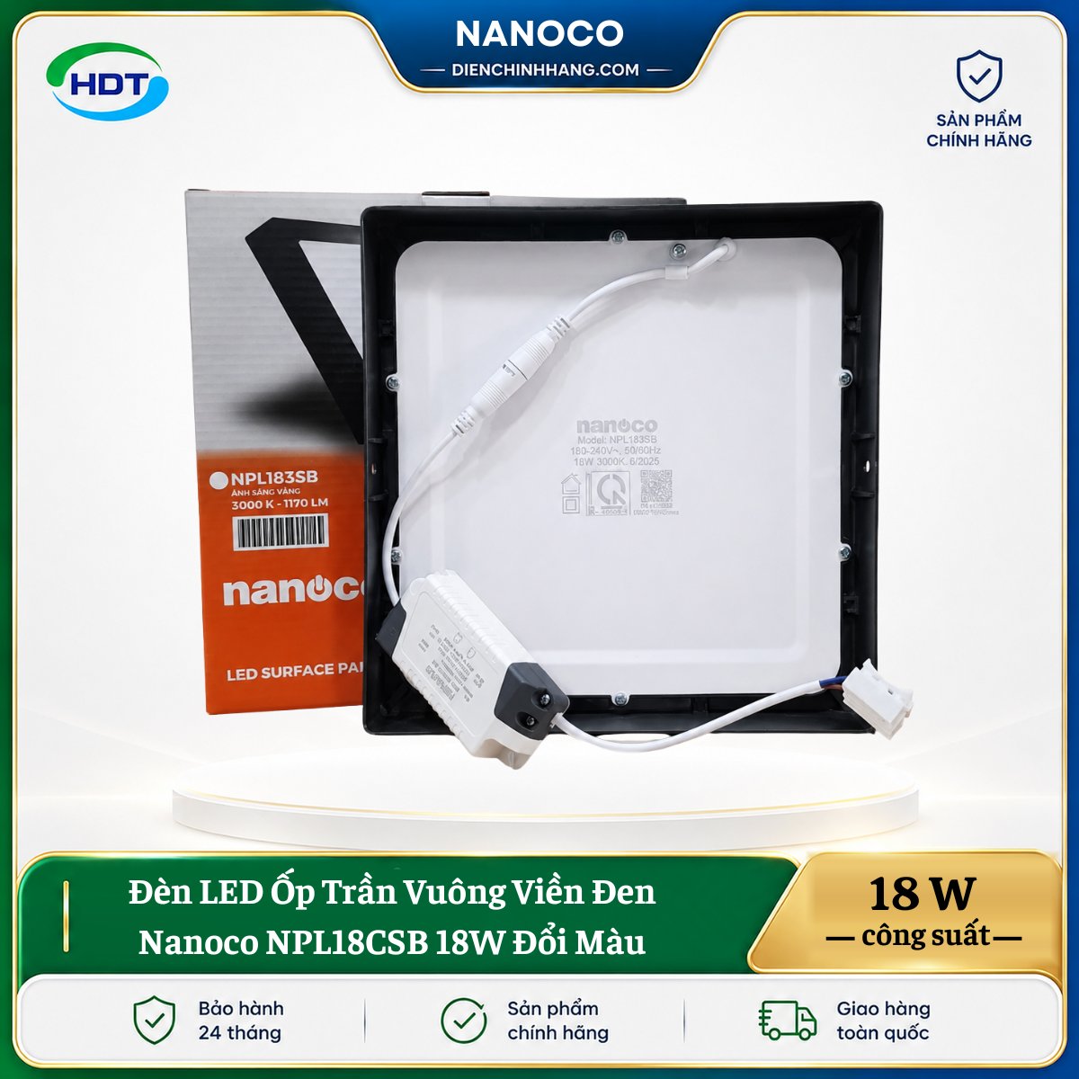 Đèn LED Ốp Trần Vuông Viền Đen Nanoco NPL18CSB 18W đổi màu - Ảnh 2