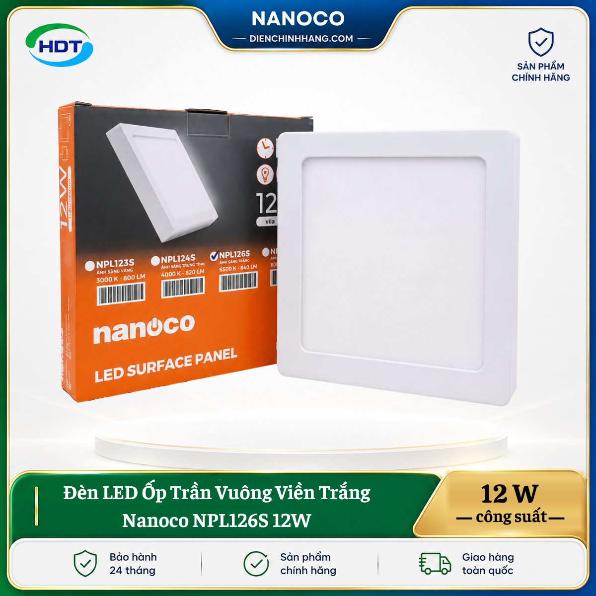 Đèn LED Ốp Trần Vuông Viền Trắng Nanoco NPL126S 12W