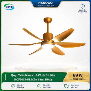 Quạt Trần Nanoco 6 Cánh Có Đèn NCF5462-GL Màu Vàng Đồng