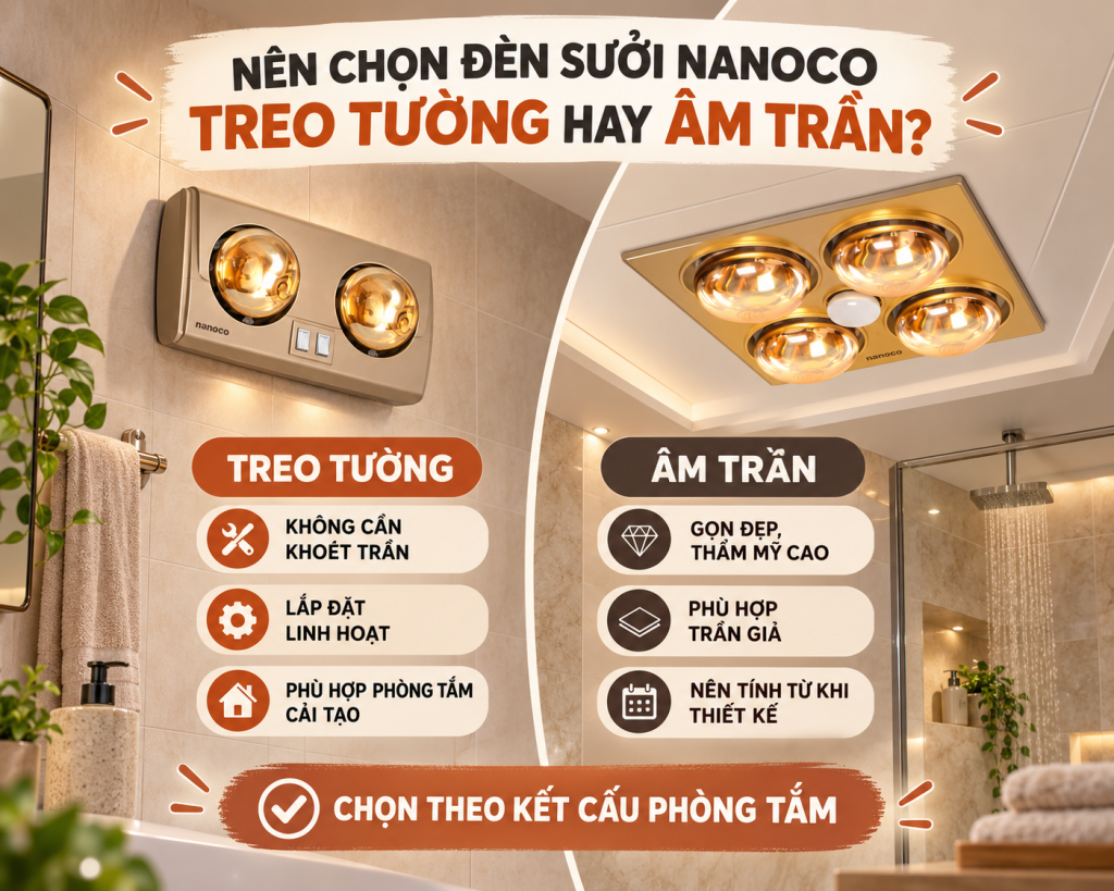 Nên chọn đèn sưởi nanoco treo tường hay âm trần